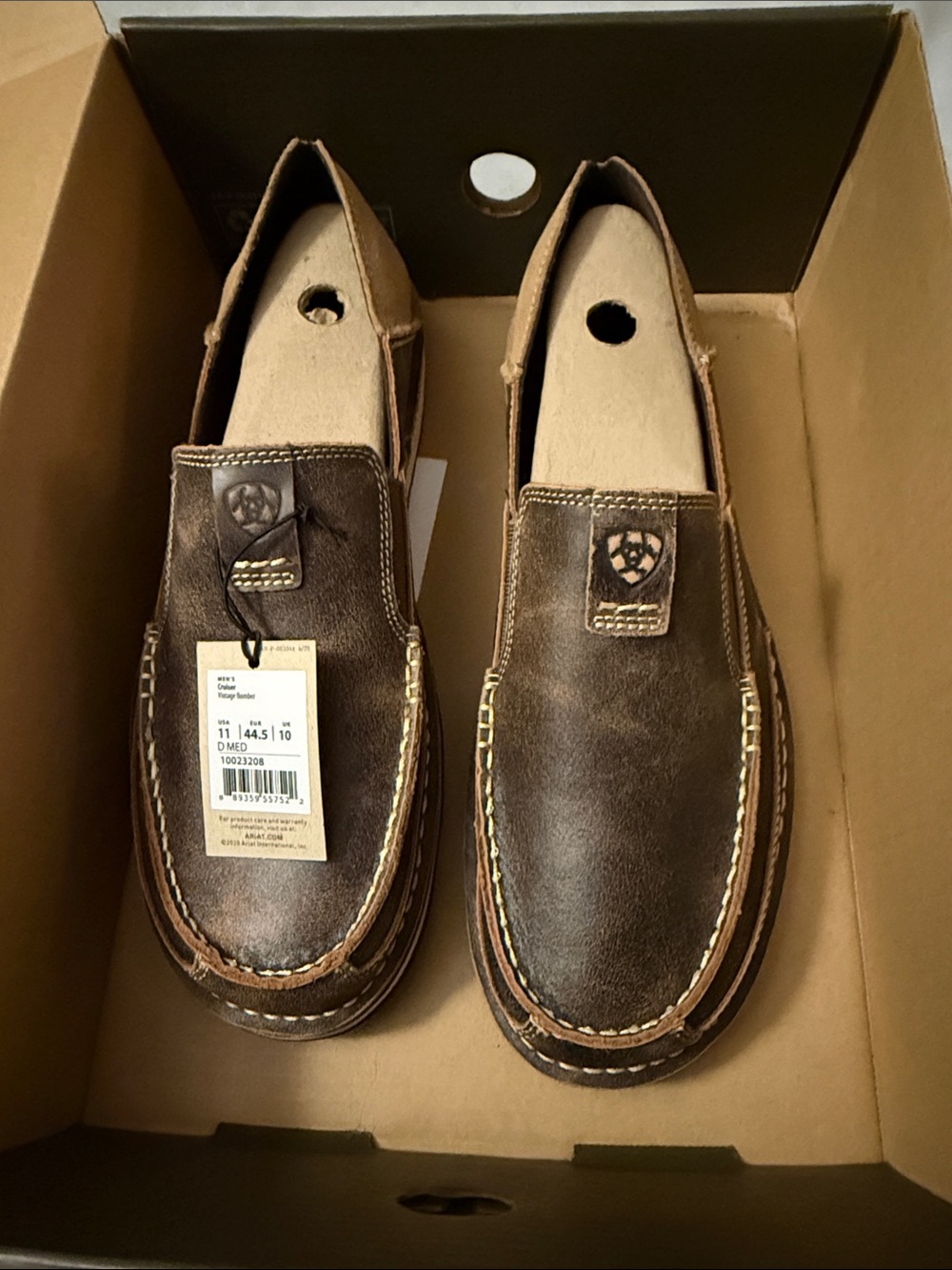 Men's Ariat Cruiser Brown Leather  Slip-On Casual Loafers 11